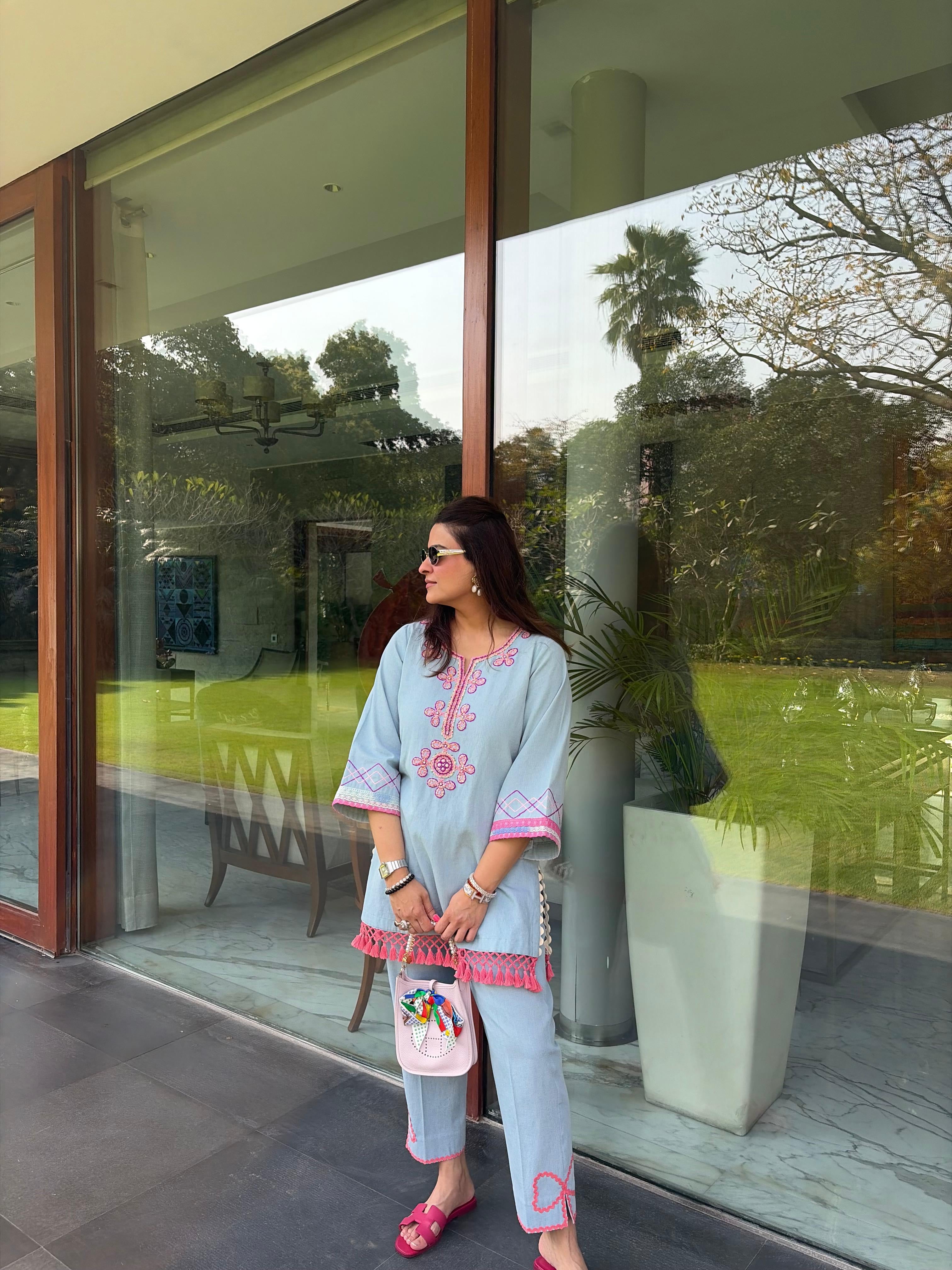 Powder Blue Denim Kurta Set