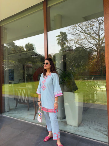 Powder Blue Denim Kurta Set