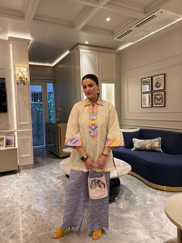Butter Thread Kurta Set in White & Purple